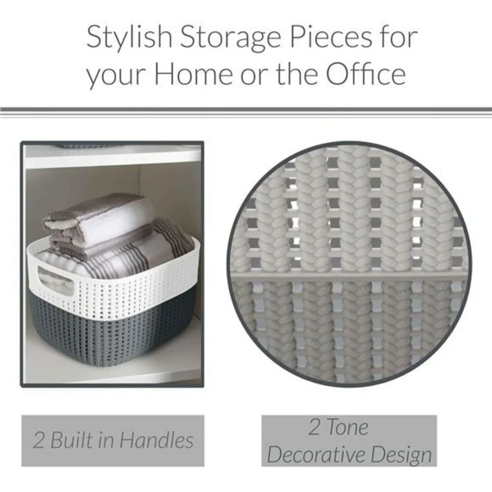 Plastic Storage Basket Bin Grey Medium Closet Bathroom Organizer with Handles